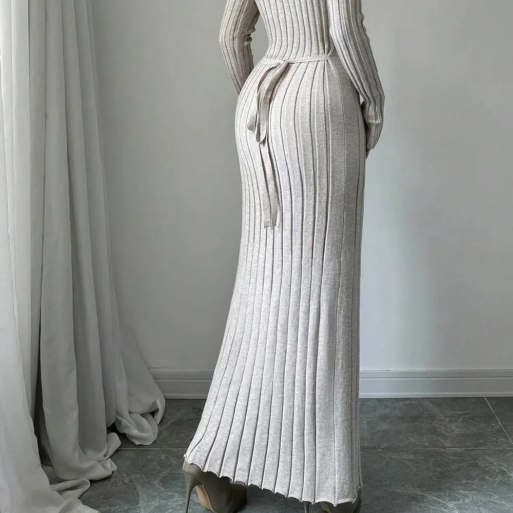 Elegant Cream Ribbed Knit Maxi Dress - Picture 2 of 3